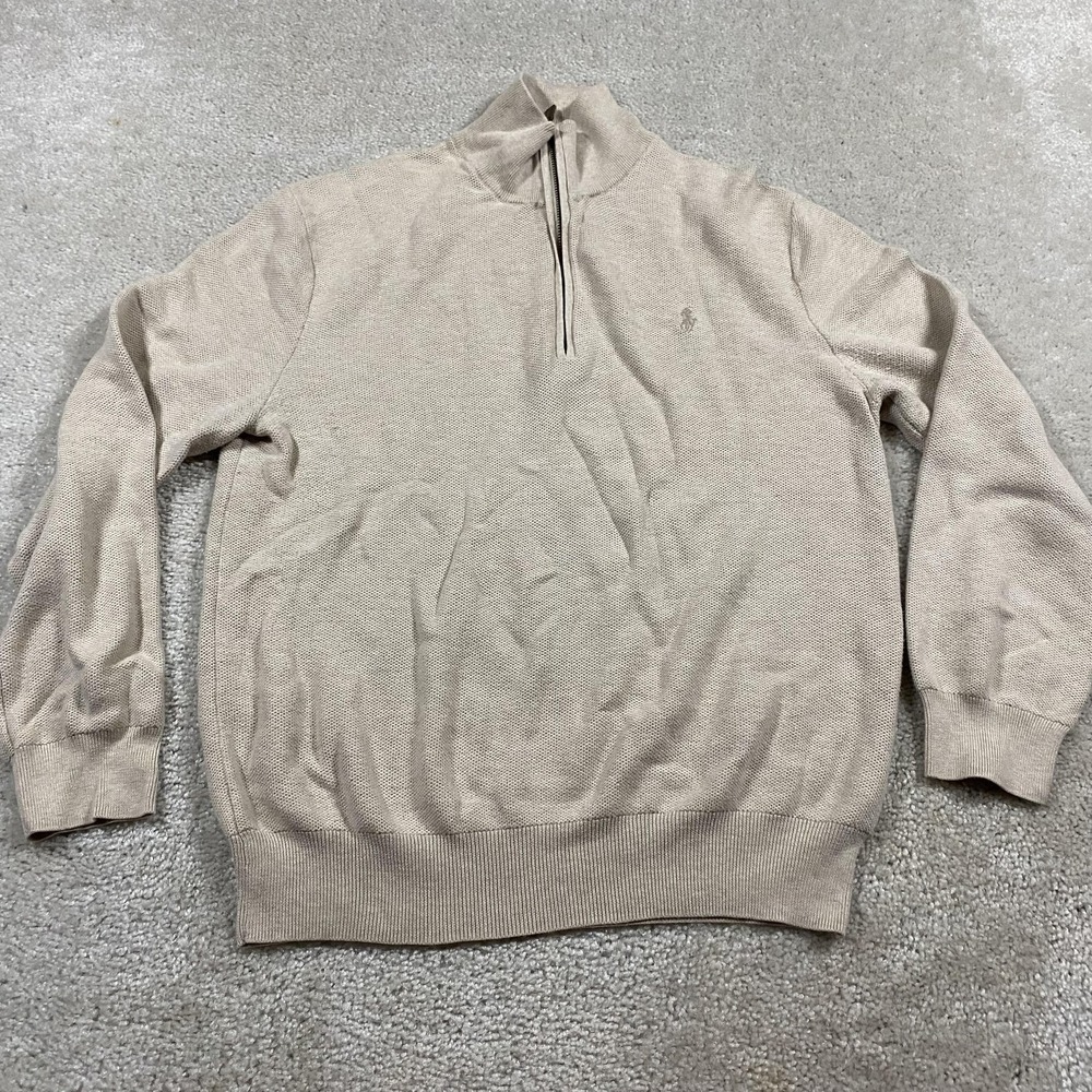 Polo Ralph Lauren Sweater Mens L Beige Pima Cotton 1/4 Zip Mock Neck Knit Pony